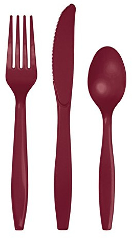 Creative Converting Premium Plastic Cutlery (Fork, Spoon, Knife) Assortment, Burgundy Color, (Pack of 1 - 24 Count) -