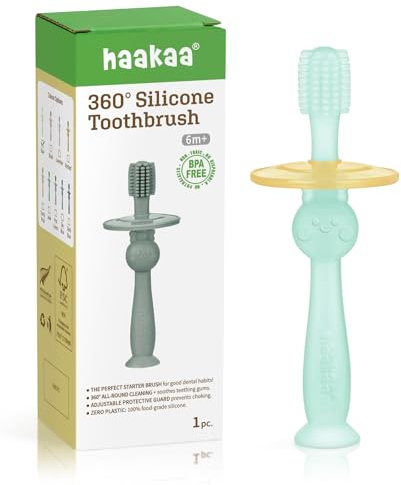 Haakaa 360 ° Baby-Zahnbürste, 100% Silikon, 6 Monate, Saugbasis zusammen, auch Spielzeug für Babys (blau)