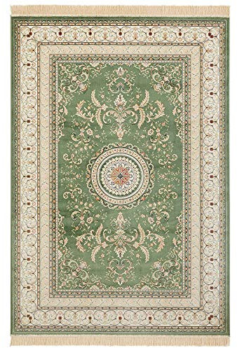 Nouristan Naveh Orient Teppich – Wohnzimmerteppich Orientalisch Kurzflor mit Fransen Vintage Orientalischer Samt-Teppich für Esszimmer, Wohnzimmer, Schlafzimmer – Grün, 135x195cm