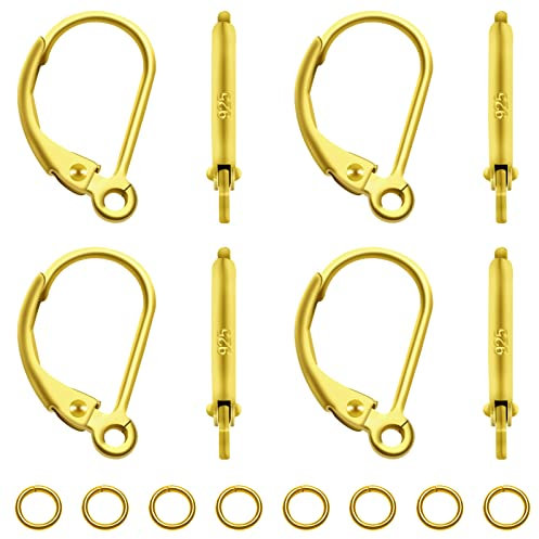 TOAOB 8pcs 925 Sterling Silver Gold Earring Hooks with 10pcs Jump Rings Leverback French Ear Hook Ear Wire for DIY Jewelry Earring Making Supplies