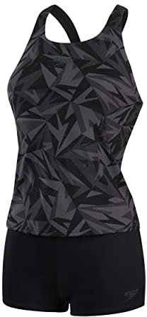 Speedo Women's Hyperboom Tankini | Quick Drying | Training | Fitness | Chlorine Resistant, Black/Oxid Grey/USA Charcoal, 28