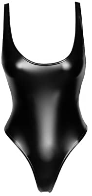 Noir Handmade Schwarzer Damen Dessous Wetlook Body hoch geschnitten leicht glänzender Stoff elastisch