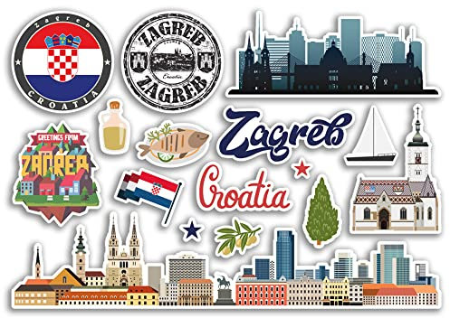 A5 Aufkleberbogen Zagreb Sehenswürdigkeiten Vinyl Aufkleber – Kroatien Flughafen Briefmarken Skyline Flagge Karte Reise Urlaub Scrapbooking Stadt Gepäck #79136