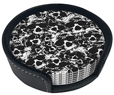 Lot de 6 sous-verres ronds en cuir avec tête de mort humaine Noir et blanc Pour restaurants/bars/cafés/cuisines