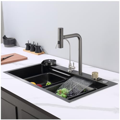 Fregadero de cocina Black 1 Cuenco, Fregadero De Cocina De Acero Inoxidable 304, Fregadero De La Cocina En Cascada, Grifo ExtraíBle, Lavavajillas De Cristal Y Tabla De Cortar(80x46x22cm)