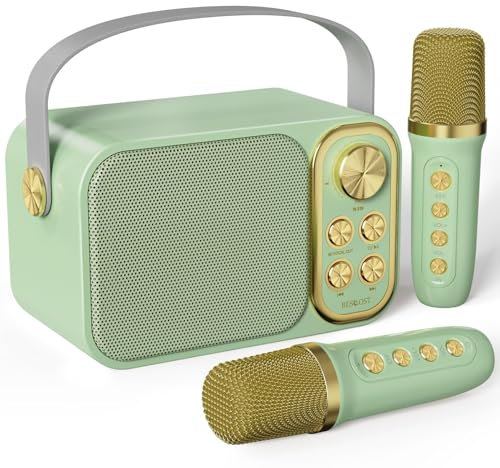Machine de Karaoké avec 2 Micro sans Fil, Haut-Parleur Bluetooth Portable, Dispose 7 Effets Sonores, pour Fête et Voyage,Vert