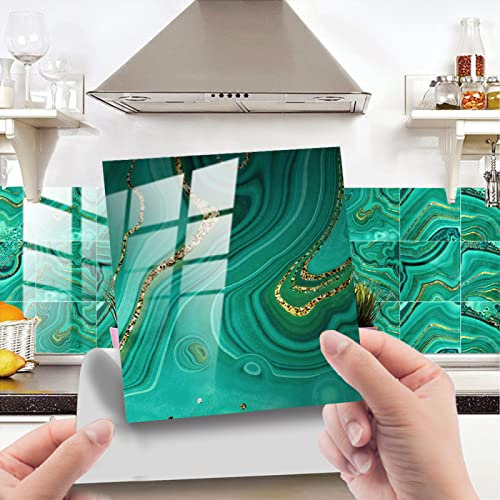 Dunxiles Autocollants pour Carrelage en Marbre Vert Émeraude À Coller sur Les Carreaux Muraux Auto-Adhésifs en PVC Autocollants Papier Peint de Cuisine Carreaux de Sol 10 Pcs (20 x 20 cm)