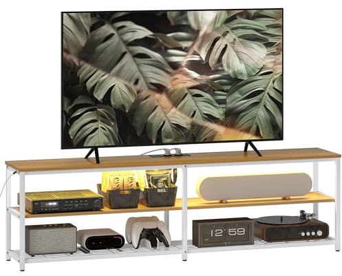 HOMCOM Mueble de TV Industrial Mueble de TV para Salón con Luces LED Control Remoto Extensión para Cargar y 2 Compartimentos Abiertos Mueble para Televisión de 65 Pulgadas 159x29x46,5 cm Natural
