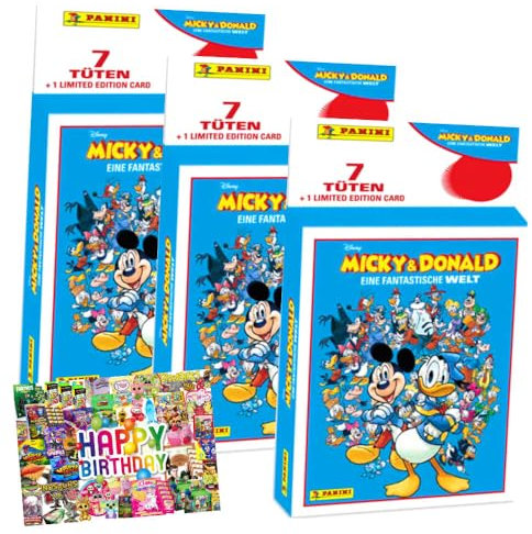 Bundle mit Panini Mickey & Donald Sticker - Fantastische Welt Sammelsticker (2025) - 3 Blister + Exklusive Geburtstagskarte