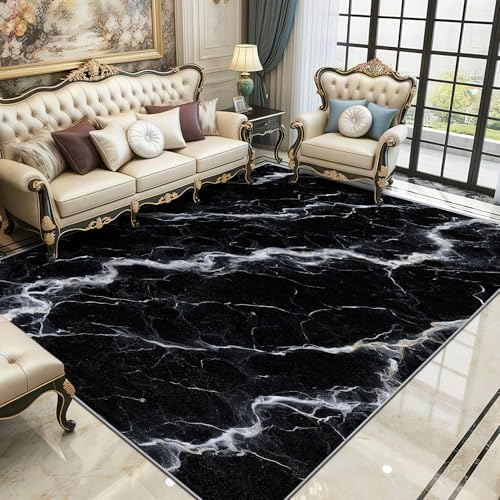 TerroVee Marmor Teppich Waschbar, Schwarz Weiß Minimalistisch Luxus Teppich 80x150 cm, Modern Abstrakt Einfach Kunst rutschfest Waschbar Pflegeleicht Teppiche Für Schlafzimmer Küche, Schwarz Weiß