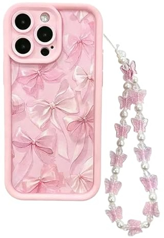 Cutecasee Phone Case for Women/Girls, Cute Pink Bow Pattern Silicone Butterfly Charm Phone Case Compatible with iPhone Xs Max, Pink with Bracelets