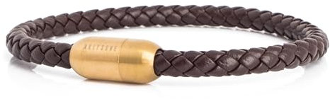 Akitsune Silvus Bracelet en Cuir Fermoir magntique | 5mm | Bijoux de Bras Femme Homme Acier Inoxydable Bracelet Simple - Or - Marron 22,5cm