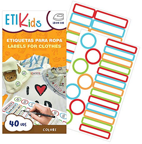 ETIKids 40 Etichette Vestiti Termoadesive da STIRARE. Formati e colori vari, per contrassegnare indumenti, vestiti dei bambini a scuola ed asilo. (Color)