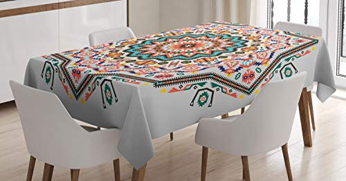ABAKUHAUS Stammes Tischdecke, Abstrakt Sun Aztec Stil, Personalisierter Druck mit Klaren Farben Waschbar Wasserfest kein Verblassen, 140 x 240 cm, Türkis Korallenrot