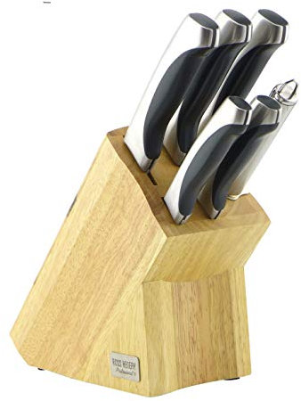 ROSS HENERY Professional 6 Piece Stainless Steel Kitchen Knife Set in Solid Oak Block, Brown