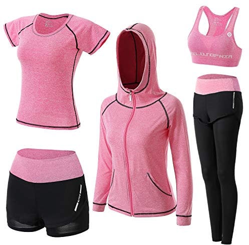 BOTRE Damen Traingsanzug Yoga Kleidung Anzug 5er-Set Sportanzüge Jogginganzug Gym Fitness Kleidung Laufbekleidung Sportswear Sport Yoga Outfit Damen BH Leggings Set (Rosa, X-Large)