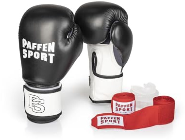 Paffen Sport «Starter» Box-Bundle, «FIT» Boxhandschuhe, schwarz/weiß, 16UZ.; «Allround» Bandage rot, 3,5 m; «Allround» Zahnschutz, transparent, ohne Mint
