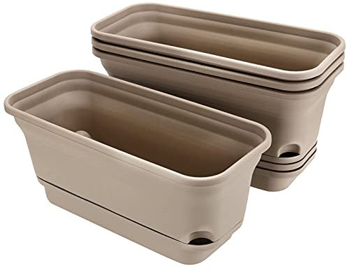 MAHIONG Set mit 4 Blumenkasten, Kunststoff, Gemüse-Pflanzgefäßen mit Tabletts, rechteckig, selbstbewässernder Blumentopf, Gartenpflanze, dekorative Töpfe für Fensterbank, Sukkulenten, braun