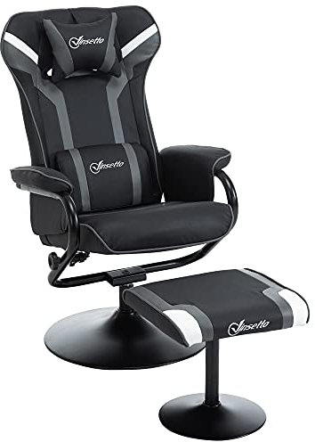 Vinsetto Reclining Chair and Stool Set, Recliner Chair with Headrest, Gaming Chair with Lumbar Support, Pedestal Base for Home Office, Grey