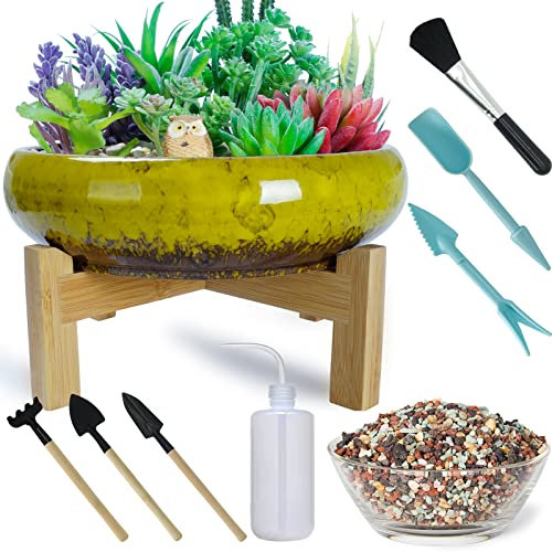 ARTKETTY Succulent Plants Pots, Ceramic Cactus Plants Pots for Indoor/Outdoor Flower Plants, 25cm Large Shallow Bonsai Pot with Drainage Stand Plus Succulent Planting Tools Set & 2.2lb Mix Pebbles
