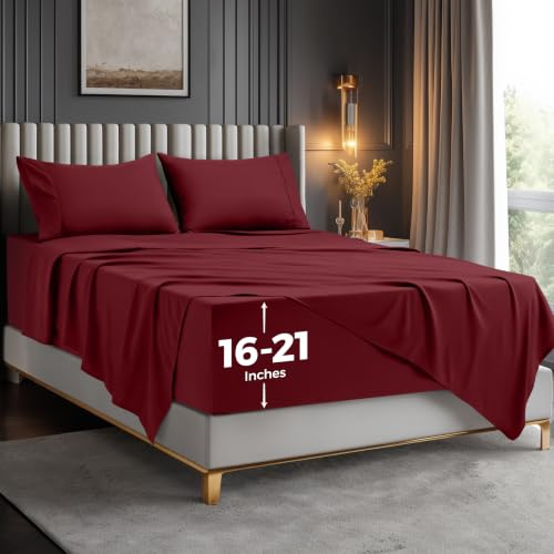 Utopia Bedding Queen Sheet Set – Soft Microfiber 4 Piece Luxury Bed Sheets with Deep Pockets - Embroidered Pillow Cases - Side Storage Pocket Fitted Sheet - Flat Sheet (Red Burgundy)