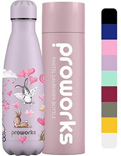 PROWORKS Bouteille d'eau Isotherme, sans BPA, Gourde INOX Reutilisable pour Maintien Chaud de 12 Heures & du Froid Jusqu’à 24 Heures, Sport, Gym, Voyage - 1 Litre - Lavande Pastel - Romance de Lapin