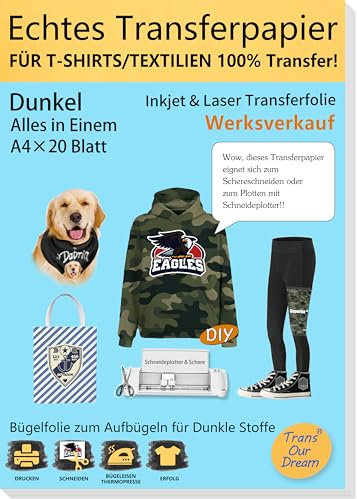 TransOurDream Echte Inkjet/Laser Transferfolie Bügelfolie(Schwarze Folie),A4X20 Blatt, für Dunkle Textilien Polyester, Poly-Baumwollmischung, Leinwand,Streifen, Karos, Jeans und Camouflage(D-FX-20)
