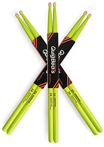 QuigBeats Drum Sticks, Hickory 5A Drumsticks, Drumsticks for Adults & Kids 5A 3 Pairs - Green