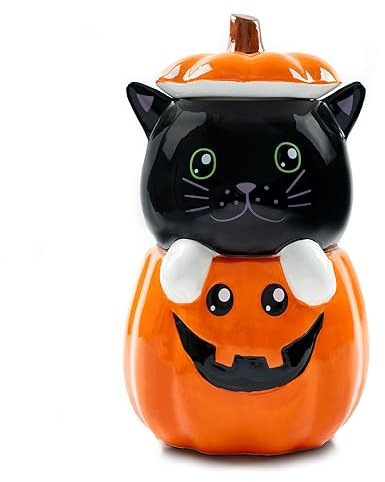 100 North Dolomite Ceramic 11 x 6.3 Halloween Cookie & Candy Jar with Airtight Lid: Perfect for Kitchen Canisters, Pet Treat Containers & Fall Decorative Candy Dish, Black Cat Pumpkin