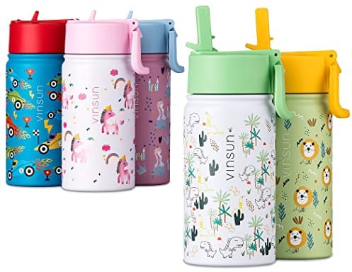 Vinsun Kids Water Bottles with Dinosaur 350ml - Leak-Proof, Stainless Steel, BPA Free - White Insulated Drinking Bottle with Straw for School, Sport