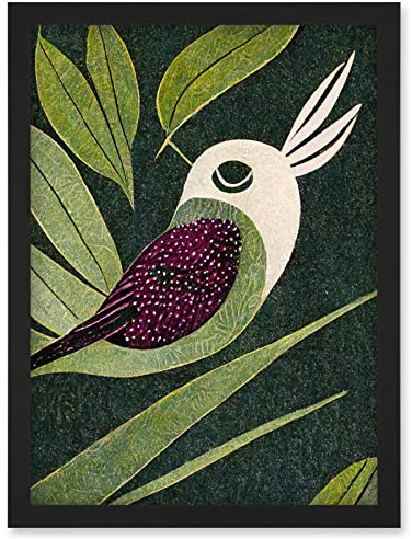 Doppelganger33 LTD Vintage Linocut Illustration Small Bird With Plant Leaves Artwork Framed Wall Art Print A4