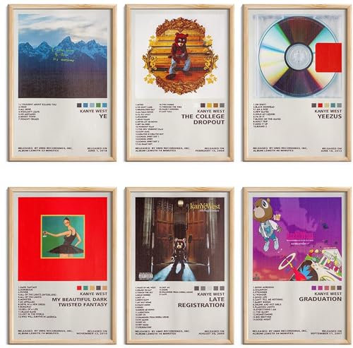 ManRule Poster-Set mit 6 Albumcover-Postern, Musikposter für Zimmer, ästhetische Leinwand, Wandkunst für Teenager, Raumdekoration, ungerahmt, 20,3 x 30,5 cm (Kanye West)