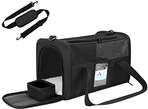 Vailge Transporttasche für Mittlere Katze Kleine Hunde Haustiere bis 6kg/13lbs, inkl. Napf und Schultergurt, Für Tierarztbesuche und Reisen, Airline Zugelassen(Schwarz, Medium)