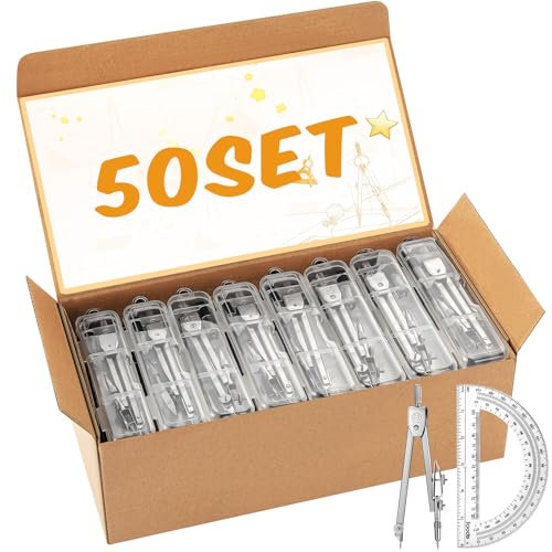 Zonon 100 Stück Winkelmesser und Zirkel-Set, 50 Mathematik-Winkelmesser, transparent, 180 Grad, Winkelmesser für Holzbearbeitung, 50 Metall-Kompass für Geometrie, Zeichnen, Kompass für Schule, Büro,