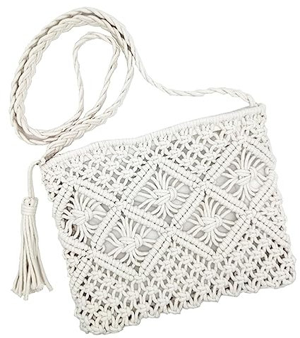 oukesin Petite pochette à bandoulière en coton pour femme macramé fait à la main avec gland, 041Blanc