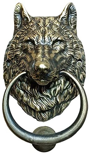 Türklopfer mit Wolfskopf, Messing, 16 cm, Haustür-Ornament, antike Bronze