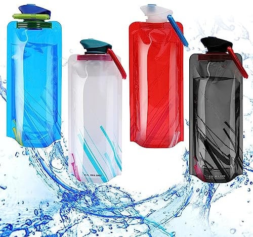Faltbare Trinkflasche,4 Stück 700ML Flexible Zusammenklappbare Wasserflaschen, Wiederverwendbare Wasser-Flaschen Tragbarer Zusammenklappbarer Wassersack für Wandern Abenteuer Reisen Unisex Adult