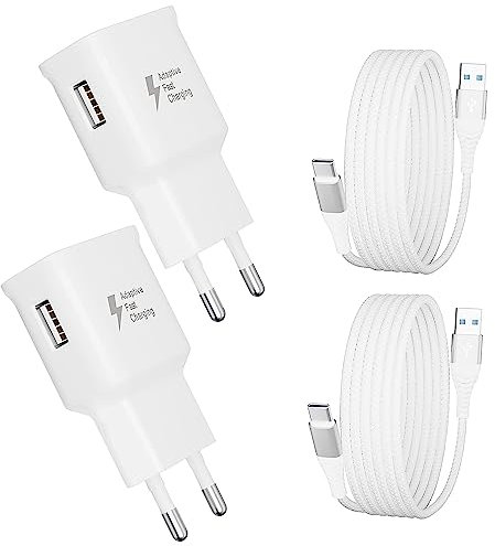 2 Stück Schnellladegerät und Nylon USB-C Ladekabel 2M, Ladegerät Netzteil Typ C Schnellladekabel Schnelles Aufladen Kompatibel mit Samsung Galaxy A13/A70/A54,A53,A34,S21,S20 FE,S10,S9,S8 Plus