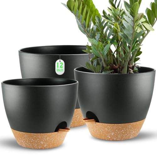 SUN-E Macetas autorriego Grandes 30.5+25.4+22.86CM para Todas Las Plantas de Interior Macetas de plástico Negro con Orificio de Drenaje Macetas autorriego Idea Regalo