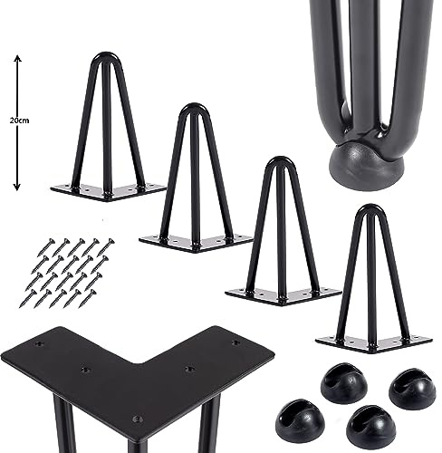 iomangio® 4er Set Hairpin Legs Schwarz 20cm Höhe 3 Stahl Streben – DIY Haarnadel Tischbeine + Bodenschoner & Schrauben – Möbelfüße Tisch Nachttisch Stuhl Tischgestell Haarnadelbeine pulverbeschichtet