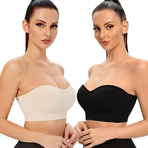 ANGOOL Damen Trägerloser BH Push Up ohne Bügel Bandeau Top Damen Gepolsterter Seamless Rutschfestes Silikon mit Transparenten Trägern, Schwarz+Beige, S