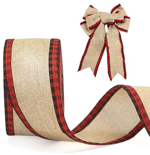 jijAcraft 10M Kariertes Sackleinen Band, 6 CM Weihnachtlichen Kariertes Band, Plaid Burlap Schleifenband Verdrahtet Plaid Bänder - für Weihnachts Dekoration, DIY Basteln, Bow Knot (Rot und Schwarz)