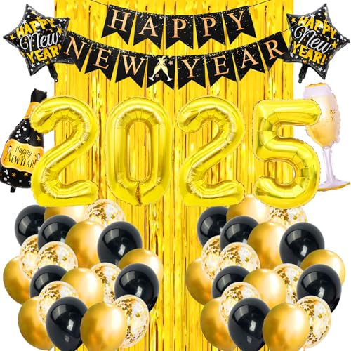 Silvester Deko 2025 Neujahr Deko,Silvester Luftballons Neujahr Silvester Party Dekoration Happy New Year Banner Girlande,XXL 2025 Folienballon Neujahrsdeko Silvesterpartydeko Happy New Year Deko (6)