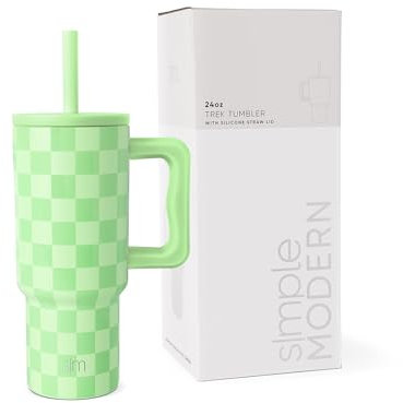Simple Modern Thermobecher mit Silikonstrohhalm und Griff | Isolierter Edelstahl-Trinkbecher Eiskaffee-Reisebecher | Trek | 710ml | Lime Checkmate
