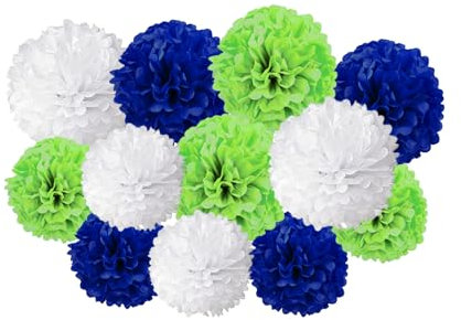 Blau Grün und Weiß Seidenpapier Pompons,Blau Grün und Weiß Papier Blume für Hochzeit,Geburtstag,Party,Farbige Themenparty(12 Stück)