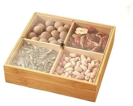 Dreamhousey Piatto di stoccaggio di frutta secca separato 4 girds scatola di frutta secca del salotto di legno massello, scatola di caramelle del partito vassoio di frutta secca (con coperchio)