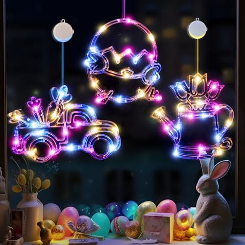 LOLStar Ostern Deko, Fenster Osterdekoration, 3er Pack Küken, Karotten-Truck Tulpe mehrfarbige Lichter mit Saugnapf, Timer-Funktion und langsames Überblenden, batteriebetriebene für die Osterhausdeko