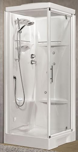 Novellini New Holiday GF80 Hammam 80 x 80 cm Duschkabine Multifunktions-Öffnung mit Thermostat-Mischbatterie aus transparentem Glas, weißes Profil, wendbar, Whirlpool, Saunastange, Höhe 225,5 cm