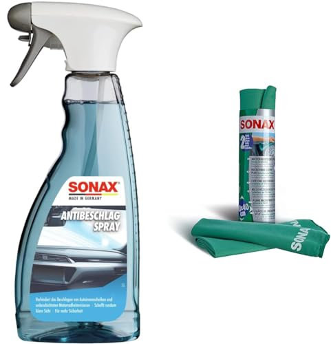 SONAX AntiBeschlagSpray 500 ml Antibeschlag-Schutz für alle Glasscheiben und Kunststoffscheiben & MicrofaserTücher PLUS Innen+Scheibe 2 Stück extrem fein ohne Streifen