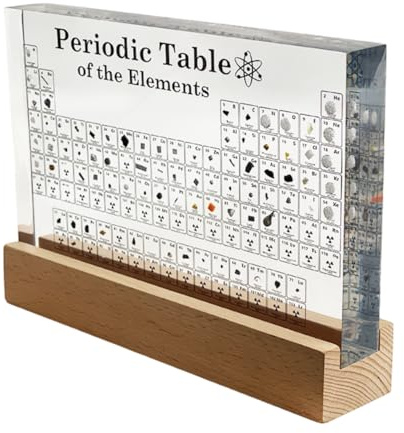 Periodensystem mit echten Elementen, groß (21 x 14 x 2,7 cm), Holzsockel, transparentes Board und Holzständer mit weißem LED-Licht, chemisches Geschenk für Schüler und Lehrer
